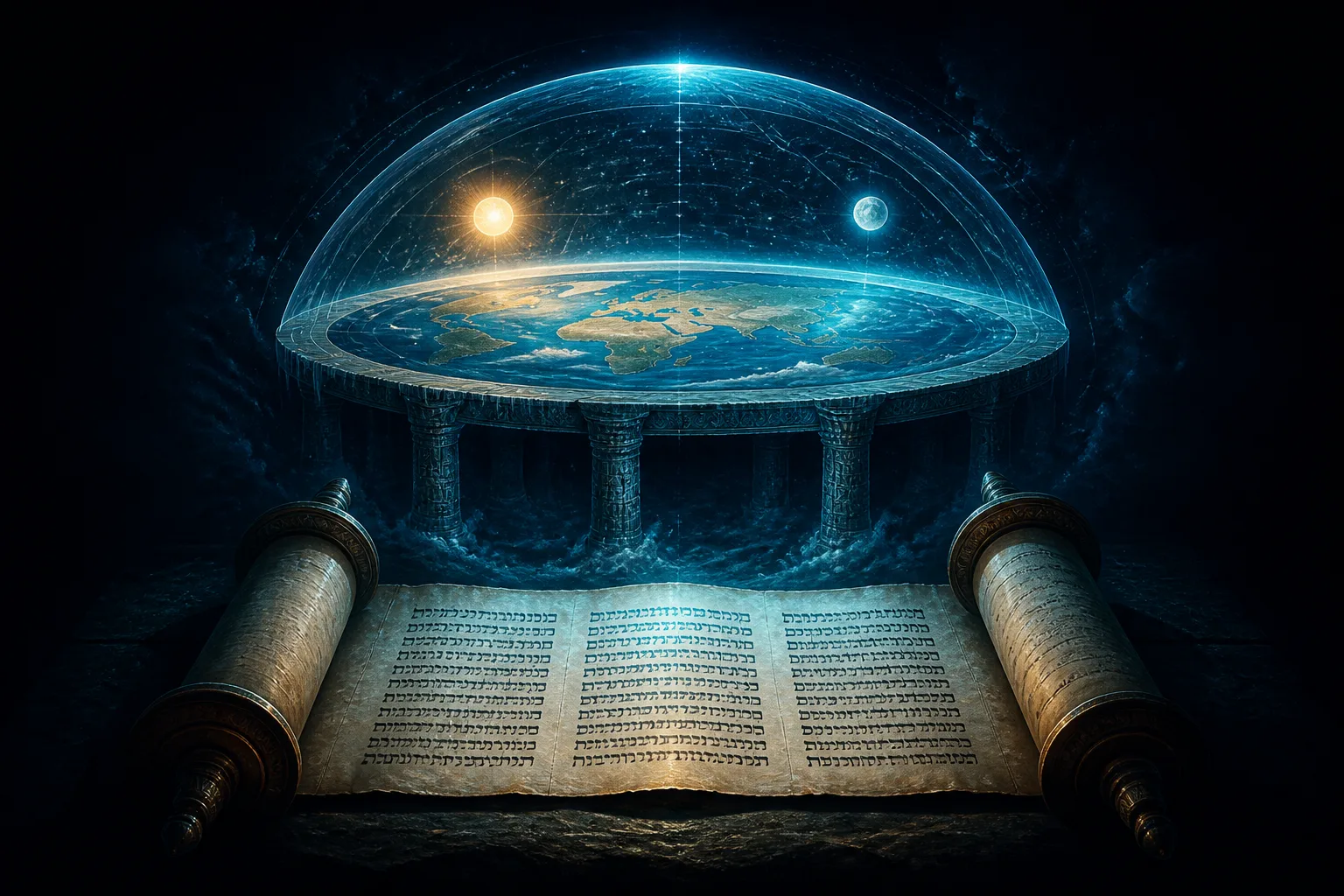 Hebrew scroll with a flat earth dome diagram under cosmic waters