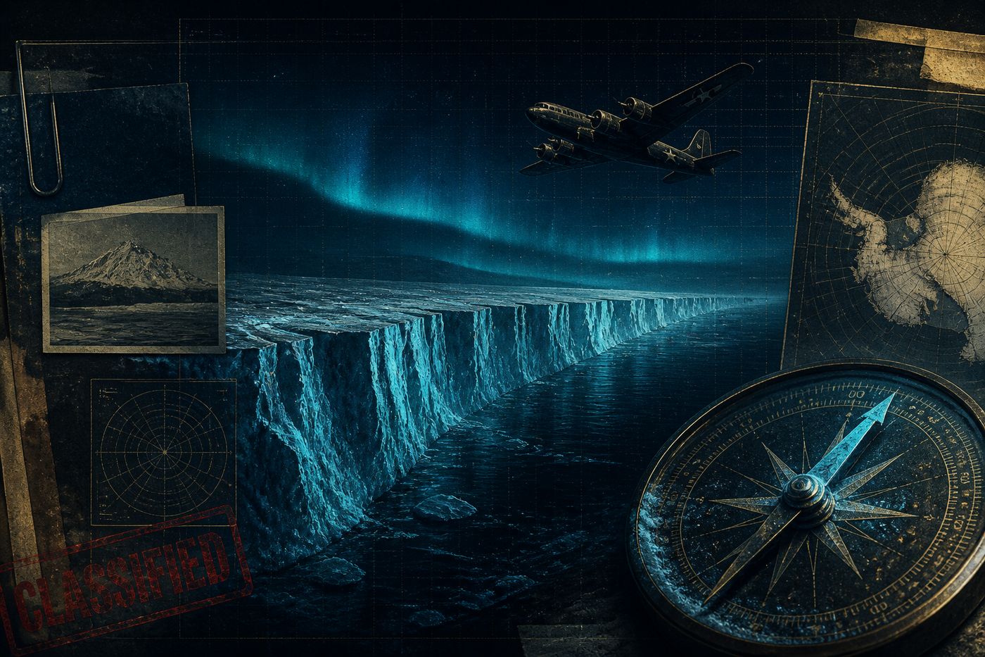 Antarctic ice wall under a subdued aurora, vintage 1940s expedition aircraft silhouette overhead