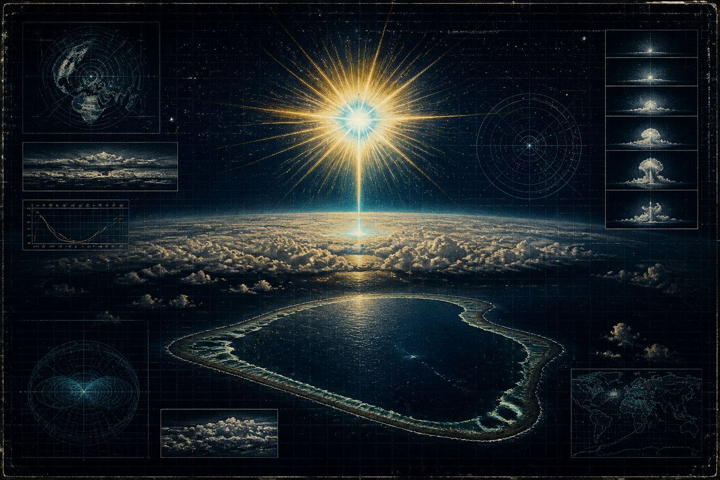 1962-era nuclear test in the upper atmosphere, golden and cyan starburst high above Pacific clouds