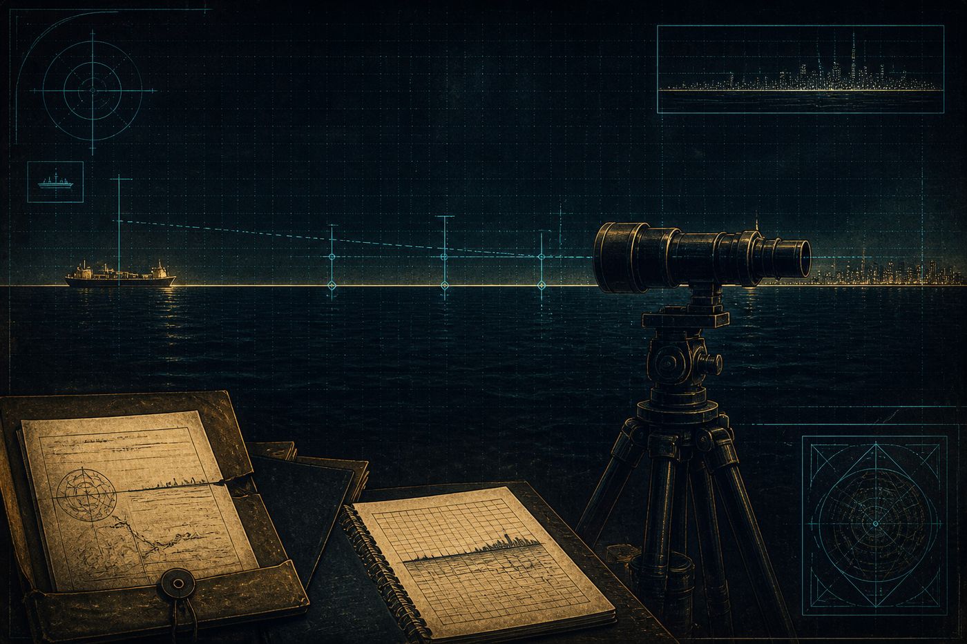 Long horizon line with telephoto lens, distant ship visible, calibration markers in cyan HUD overlay