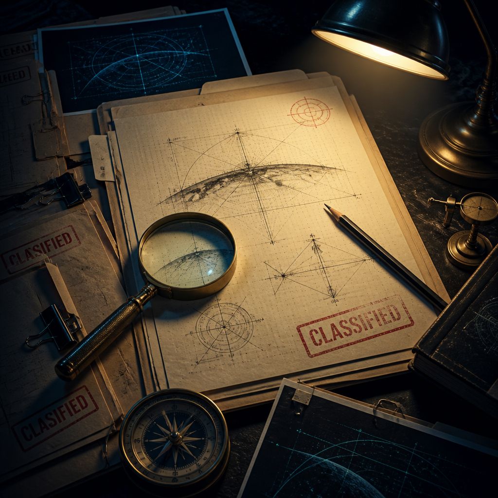 Stack of dossier files with classified stamps and research instruments