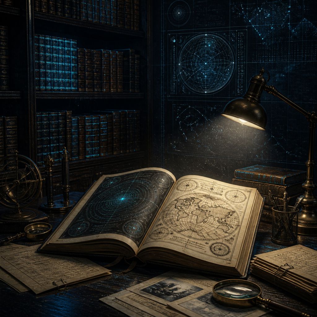 Archival library with leather-bound books, celestial diagrams, and a brass reading lamp