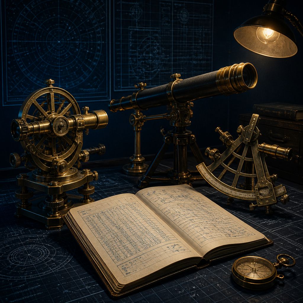 Precision instruments on a drafting table — theodolite, telescope, sextant